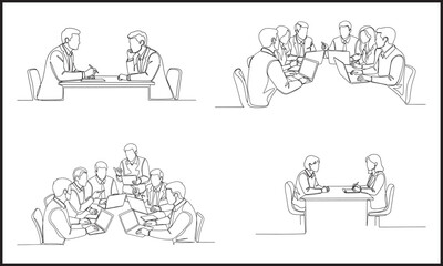 Obraz premium Business Meeting Line Art Illustration Bundle Set, Team Discussion and Office Concept Vector Collection