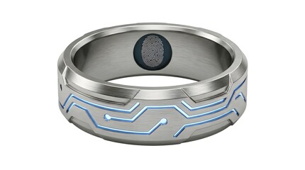 Naklejka premium Futuristic Smart Ring with Biometric Fingerprint Sensor and Blue LED