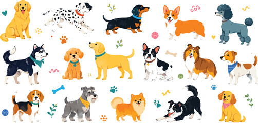 Diverse Dog Breeds Collection: Vibrant Hand-Drawn Cartoon Illustration of Popular Pedigree Dogs and Puppies © Fariha