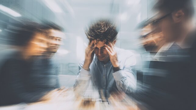 Stress, migraine and motion blur with a business man in a meeting feeling frustrated, tired or overworked. Mental health, anxiety and headache with an exhausted male employee suffering from fatigue