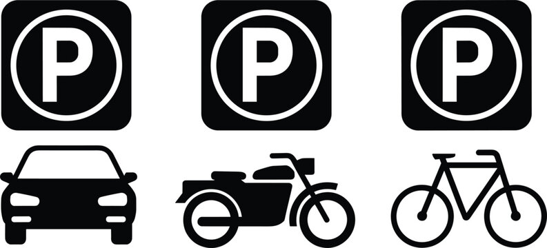 Black and white of parking signs with car, motorcycle, and bicycle silhouettes symbol automobile