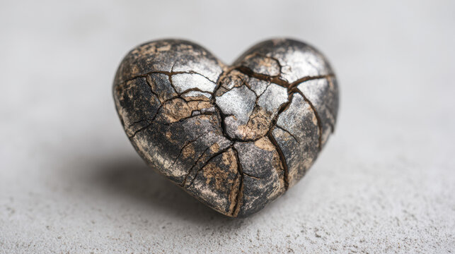 Cracked stone heart with damaged texture on gray concrete surface symbolizing heartbreak and emotional pain
