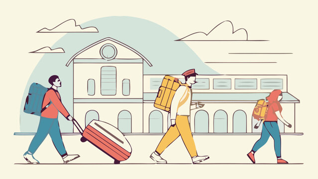Travelers boarding with luggage at a train station modern vector illustration of people walking with suitcases and backpacks
