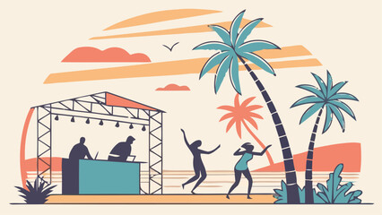Obraz premium Vibrant beach festival scene with people dancing under palm trees at sunset dj booth and stage