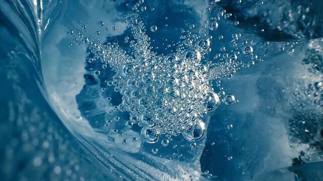 Close up view of tiny oxygen air bubbles frozen deep within a solid blue glacier ice block.