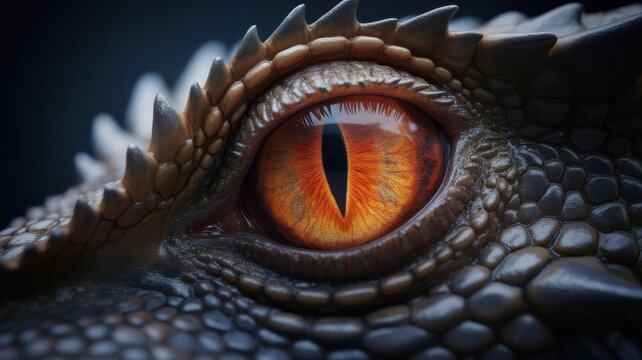 Extreme close-up of a dragon's eye with intricate scales and fiery orange iris.