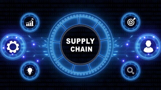 Represents a Large Language Model Supply chain AI chatbot, artificial intelligence, conversational and generative technology. Neon line Animated circuit board. Digital technology background.