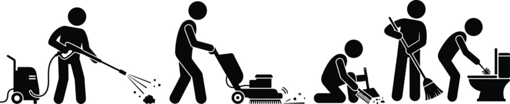 Professional cleaning service icons set showing vacuuming sweeping mopping scrubbing and sanitation workers in silhouette style