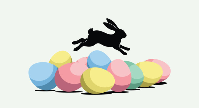 Illustration featuring a black bunny silhouette gracefully jumping over a large pile of colorful pastel Easter eggs on a light background.