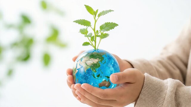 地球儀の日本付近から力強く芽吹く植物を優しく持つ人の手