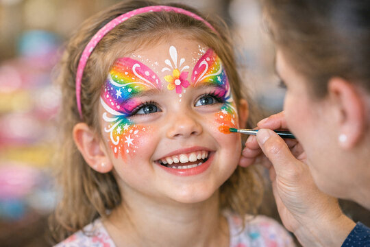 A young girl smiling with colorful butterfly face paint applied by an artist.