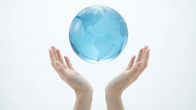 両手の間で宙に浮き回転する幻想的な地球儀