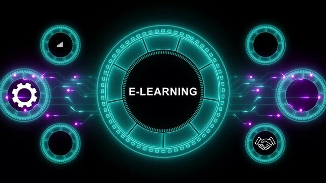 E-learning Concept icon .Neon line Animated circuit board. Digital technology background. animation