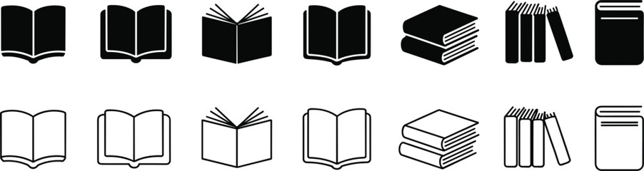Collection of black and white book open and closed, stacked and upright open book closed book stack of books © Badhon