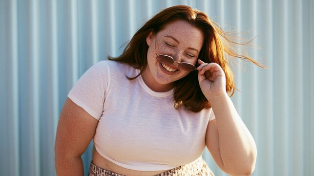Candid plus size redhead woman with freckles looking down and smiling with wind in hair
