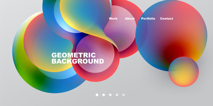 Abstract colorful circles overlap, creating dynamic visual effect. Text elements present work, about, portfolio, contact details. Geometric background visible.
