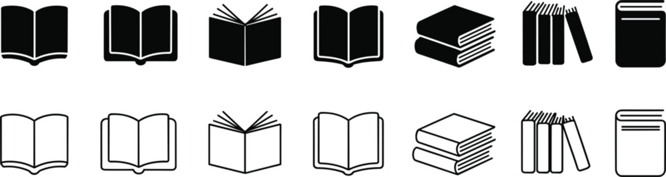 Collection of black and white book open and closed, stacked and upright open book closed book stack of books