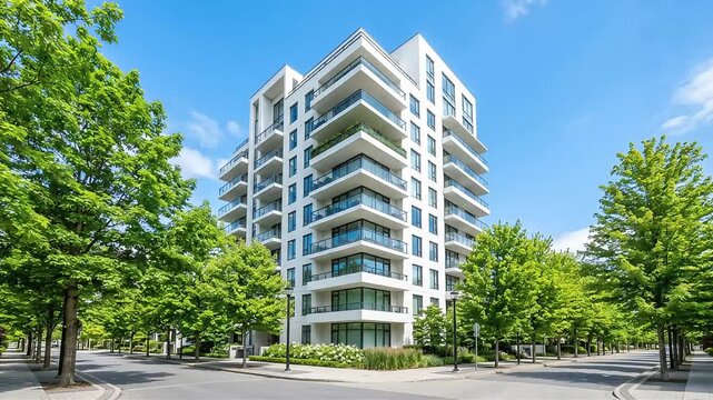 都会の青空にそびえ立つ、ガラスのバルコニーが印象的な白い高層マンション