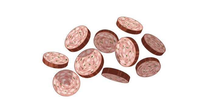 Sliced Herb Sausage Pieces Falling Isolated on White Background, Vector Meat Snack Illustration