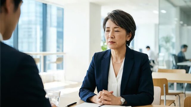 オフィスで真剣に相談を受けるシニア女性ビジネスリーダー