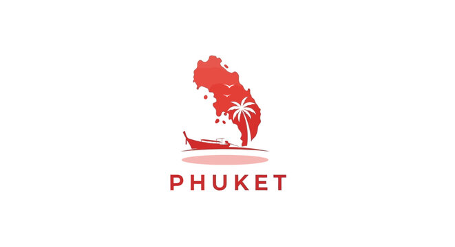 Phuket Island Thailand Logo Design Featuring Palm Trees and Boat.