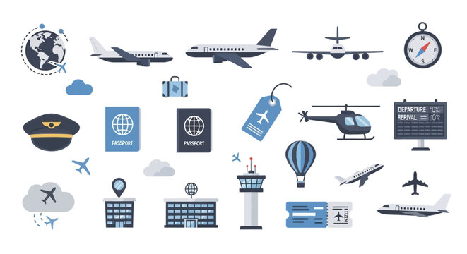 A vibrant collection of aviation and travel-themed icons, featuring airplanes, helicopters, airports, pilot hats, passports, and navigation tools.