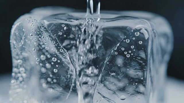 Macro of fresh water pouring onto a clear square ice cube with trapped air bubbles