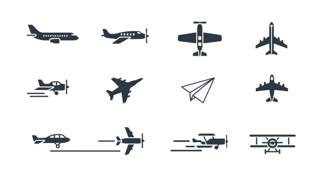 Collection of diverse airplane icons showcasing various aircraft types from commercial jets to small propeller planes and paper airplanes.