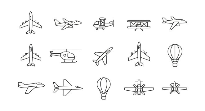Collection of various aircraft and aerial vehicles including airplanes, helicopters, and hot air balloons, presented in a clean line art style.