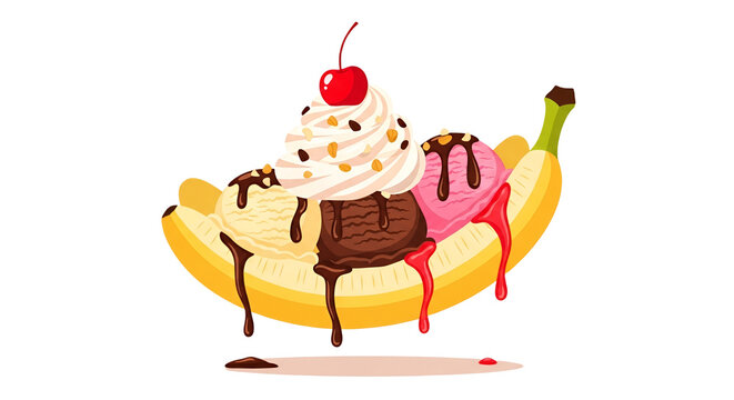 Classic Banana Split Ice Cream Dessert Illustration with Chocolate Strawberry and Vanilla Scoops Whipped Cream and Cherry