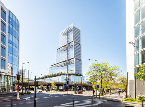 Clichy, France - April 7, 2026: View from Clichy of the Tribunal de Paris (Courthouse of Paris) housed in a 38 storeys, 160 metres high building designed by architect Renzo Piano and achieved in 2017.