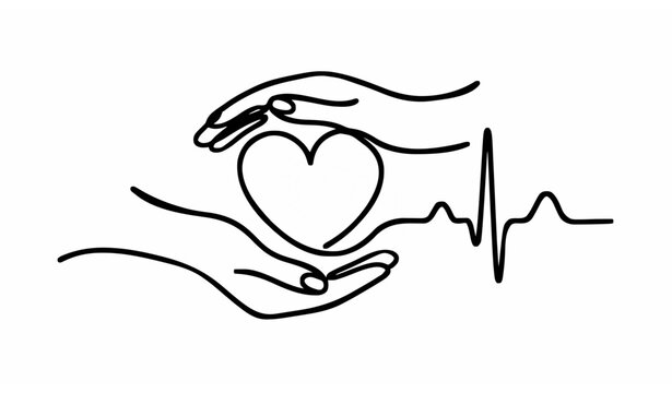 Continuous line healing hands and heartbeat heart healthcare vector illustration isolated on white background