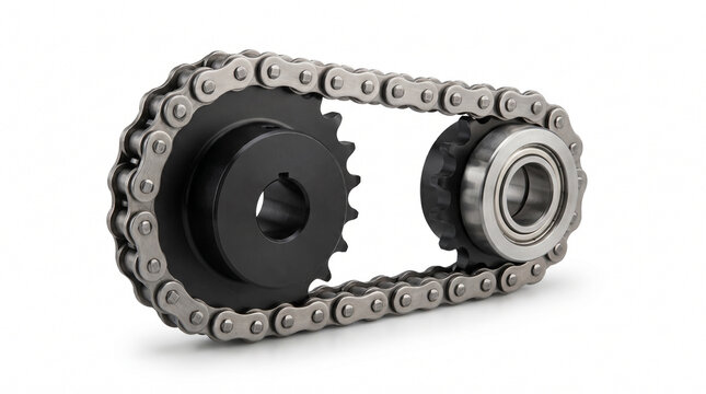 Precision roller chain drive system with two sprockets and a bearing, isolated on white. Essential for power transmission