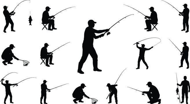 Fishing silhouettes collection anglers with rods casting catching fish and landing net outdoor hobby activity illustration set