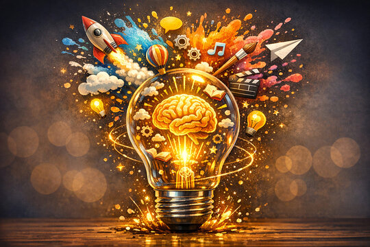 Electricity sparks from a light bulb in the shape of a brain, surrounded by a burst of creativity symbolized by icons such as a rocket ship, gears, musical notes, and stars.