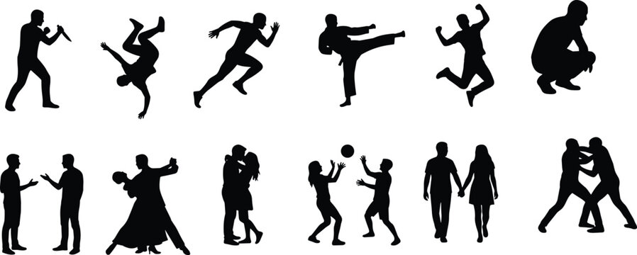 People action silhouettes fighting running dancing couples sports and social interaction dynamic human figures illustration set
