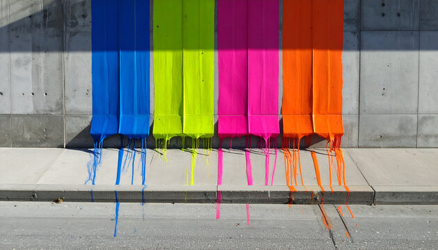 Vibrant Neon Paint Drips on Urban Concrete Sidewalk.