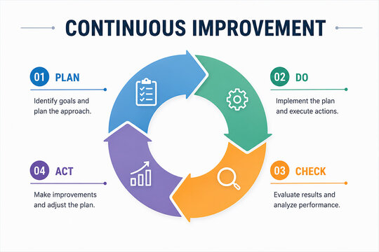 It depicts the continuous improvement cycle, illustrating a plan-do-check-act process. It&rsquo;s set in a business or organizational context focused on performance enhancement.