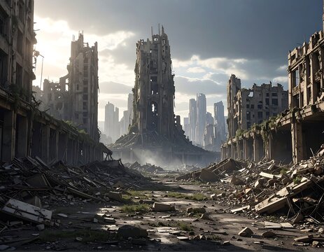Post-apocalyptic cityscape with ruins and destruction.