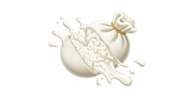 Fresh Burrata Cheese Cut in Half with Creamy Stracciatella Center and Milk Splash Illustration Isolated on White Background