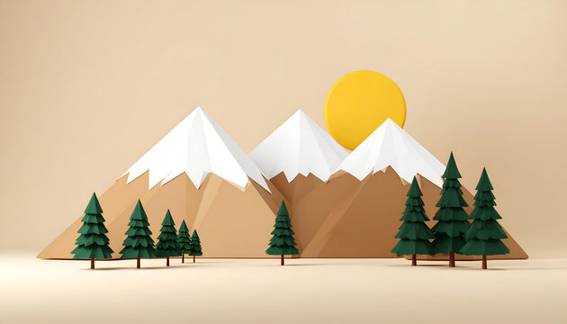 Papercraft Mountain Landscape with Sun and Pine Trees.