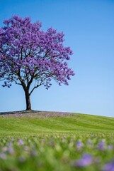 Naklejka premium Generated AI set photos Majestic Jacaranda tree blooming with vibrant purple flowers on a serene green hill