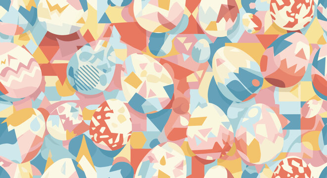 Dynamic seamless pattern featuring abstract geometric cracked Easter eggs in various colors and shapes on peach.