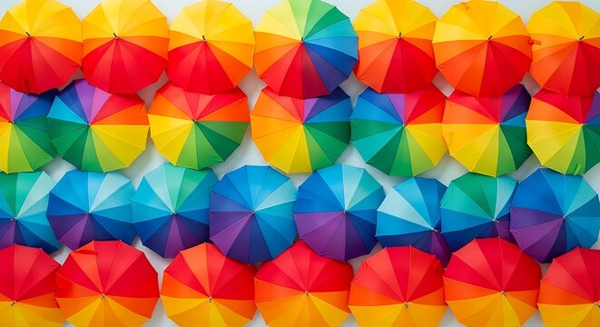 Many colorful umbrellas hanging in a row forming a bright rainbow pattern against a simple background. parasolka 