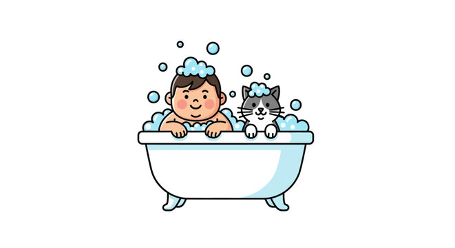 Happy child and cat enjoying a bubble bath together in tub.