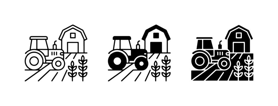 Farm Tractor and Barn Icons, Agricultural Field Scene, Rural Landscape Vector Graphics, Farming Industry Symbols