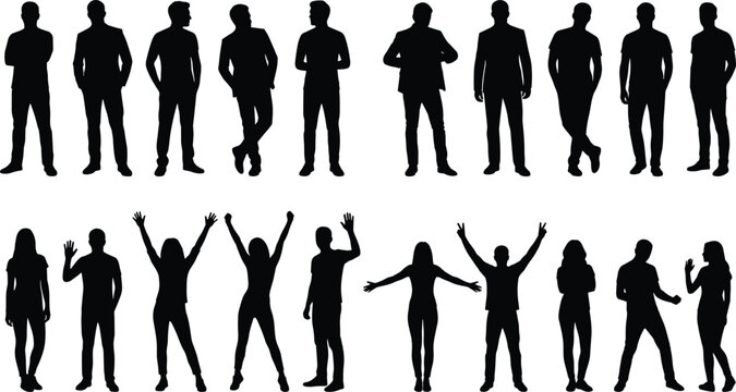 Standing people silhouettes collection men and women various poses gestures casual and business human figures set
