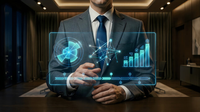 Professional analyst observing advanced digital e-governance metrics dashboard