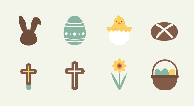 Minimalist collection of eight simple Easter holiday icons including bunny eggs chick cross and spring flowers.