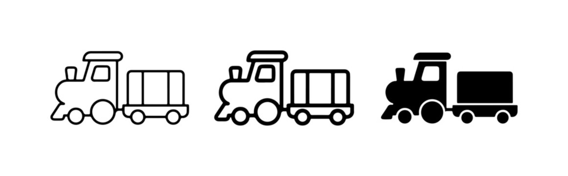 Toy Train Icons, Simple Vector Illustrations of Locomotive and Carriages, Classic Transportation Graphics, Black and White Designs